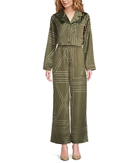Le' AL.X Woven Satin Logo Print Notch Lapel Button Front Long Sleeve Coordinating Shirt