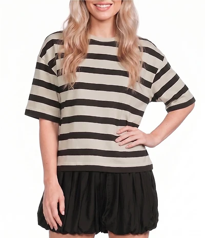 Le' AL.X Woven Striped Crew Neck Short Sleeve Boxy Tee Shirt