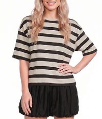 Le' AL.X Woven Striped Crew Neck Short Sleeve Boxy Tee Shirt