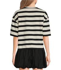 Le' AL.X Woven Striped Crew Neck Short Sleeve Boxy Tee Shirt