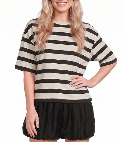 Le' AL.X Woven Striped Crew Neck Short Sleeve Boxy Tee Shirt