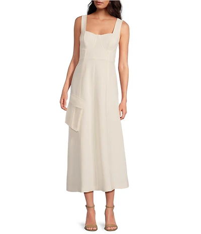 Le' AL.X Woven Suiting Bustier Sweetheart Shape Neck Sleeveless Tank Strap Cargo Pocket Fit & Flare Coordinating Midi Dress
