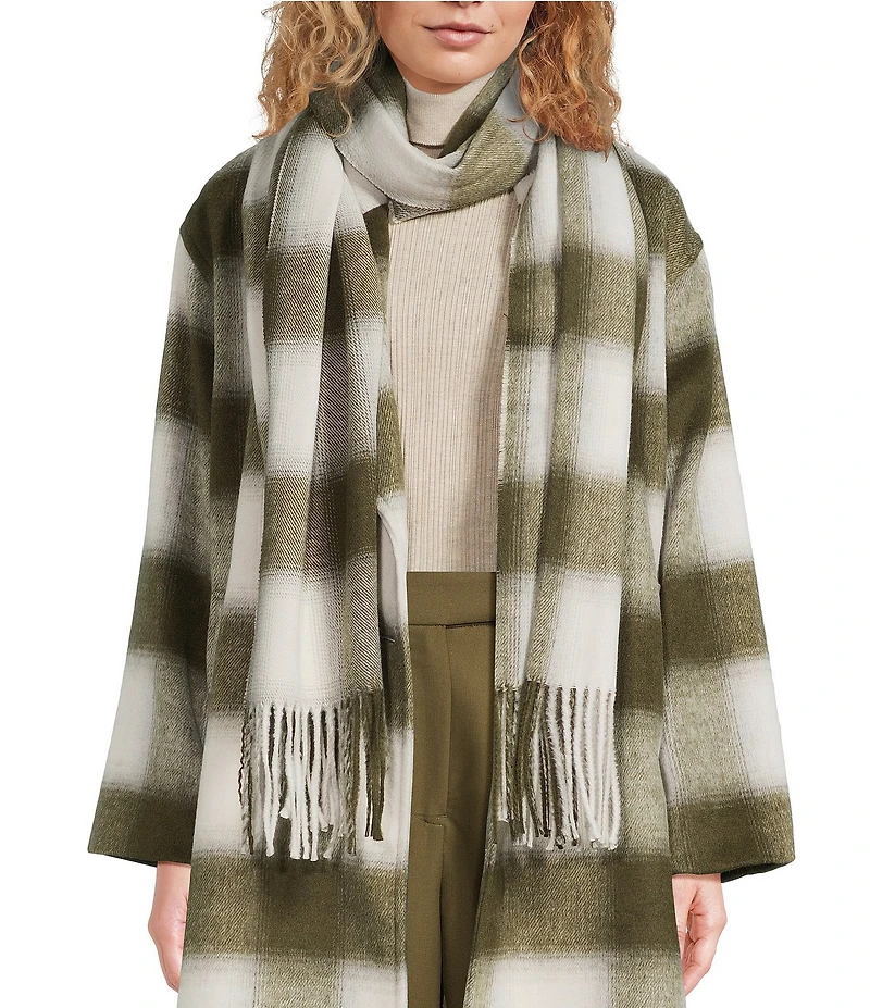 Le' AL.X Woven Wool Blend Plaid Oversized Fringe Trim Coordinating Scarf