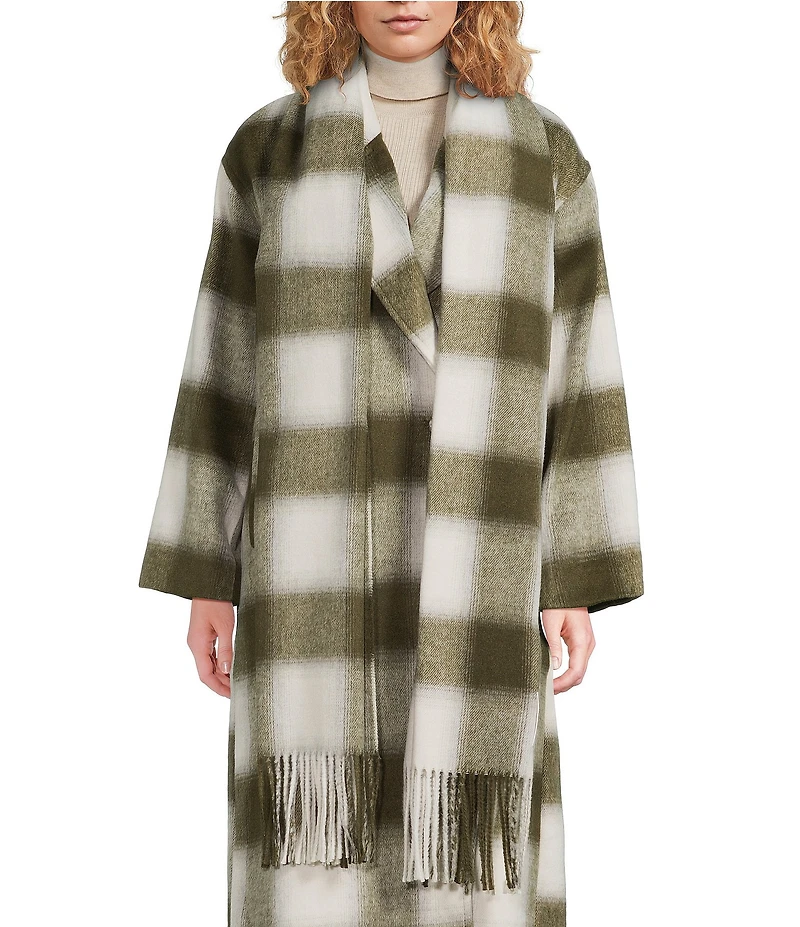 Le' AL.X Woven Wool Blend Plaid Oversized Fringe Trim Coordinating Scarf