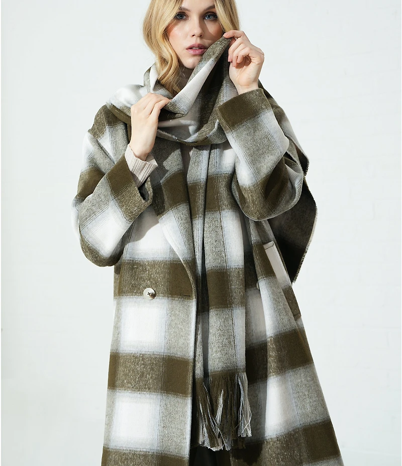 Le' AL.X Woven Wool Blend Plaid Oversized Fringe Trim Coordinating Scarf