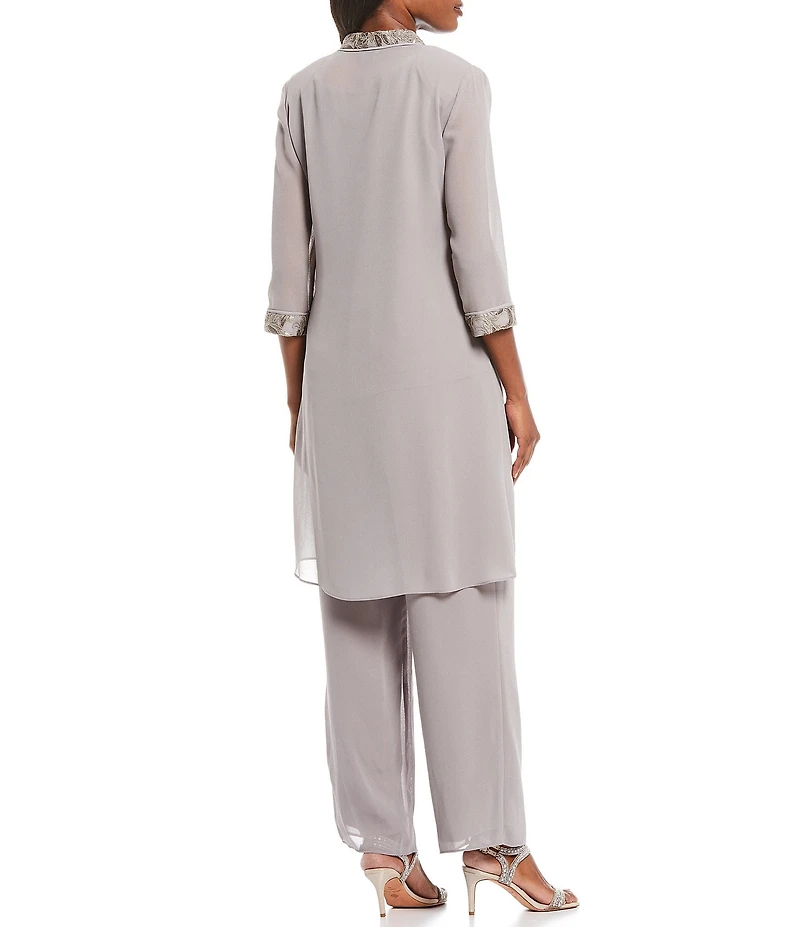 Le Bos Round Neck 3/4 Sleeve Embroidered Sequin Trim 3-Piece Pant Set