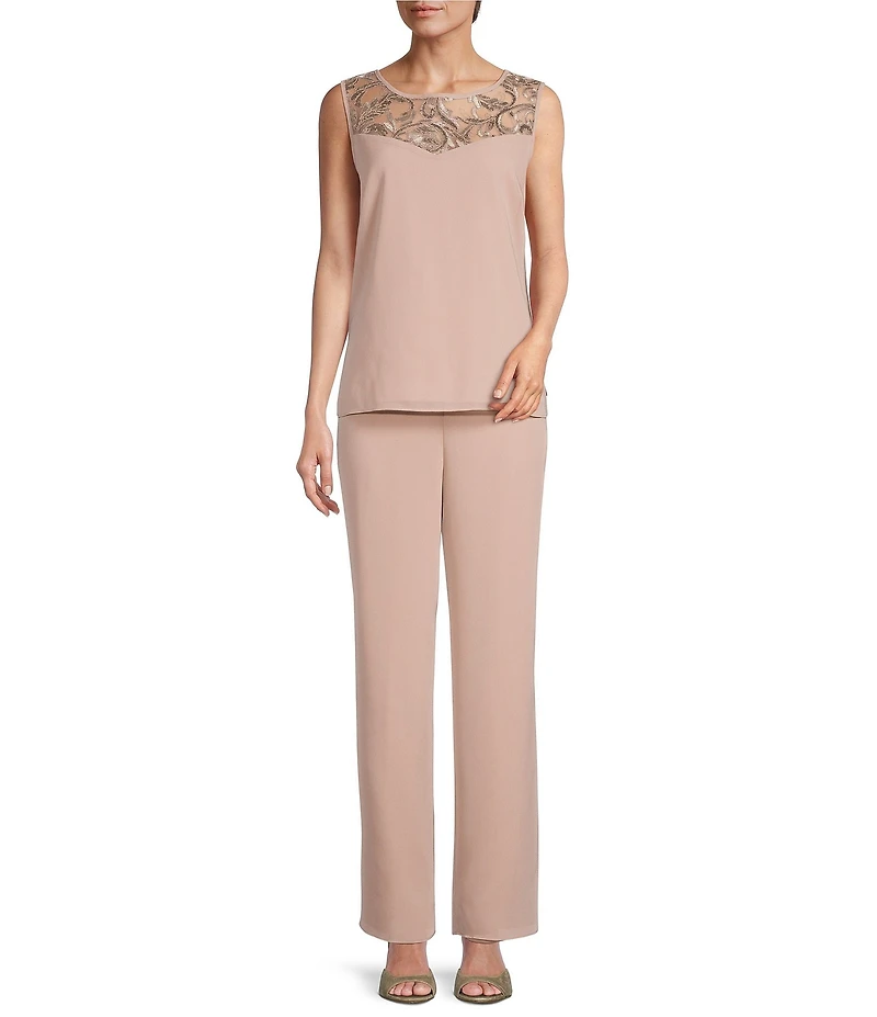 Le Bos Round Neck 3/4 Sleeve Embroidered Trim Duster 3-Piece Pant Set