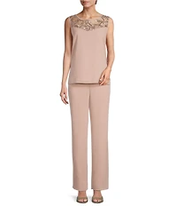 Le Bos Round Neck 3/4 Sleeve Embroidered Trim Duster 3-Piece Pant Set
