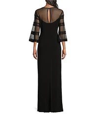 Le Bos 3/4 Illusion Sleeve Crew Neck Embroidered Sheath Dress