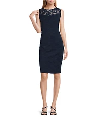 Le Bos Round Neck 3/4 Sleeve Embroidered Mesh Trim Textured 2-Piece Jacket Dress
