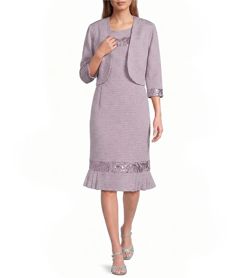 Le Bos 3/4 Sleeve Round Neck Embroidered Flounce Hem 2-Piece Jacket Dress