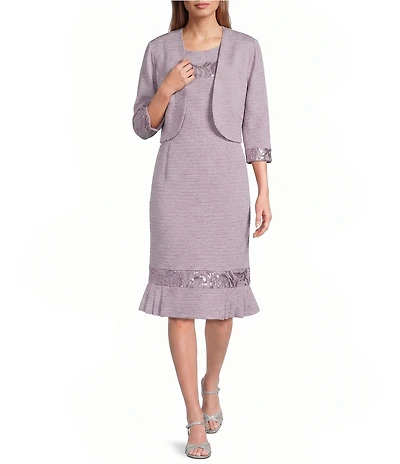 Le Bos 3/4 Sleeve Round Neck Embroidered Flounce Hem 2-Piece Jacket Dress