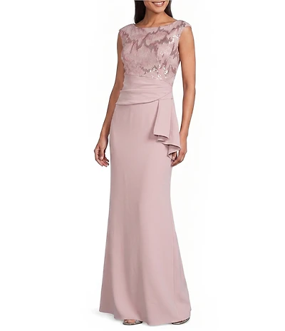 Le Bos Boat Neck Cap Sleeve Fit and Flare Long Dress