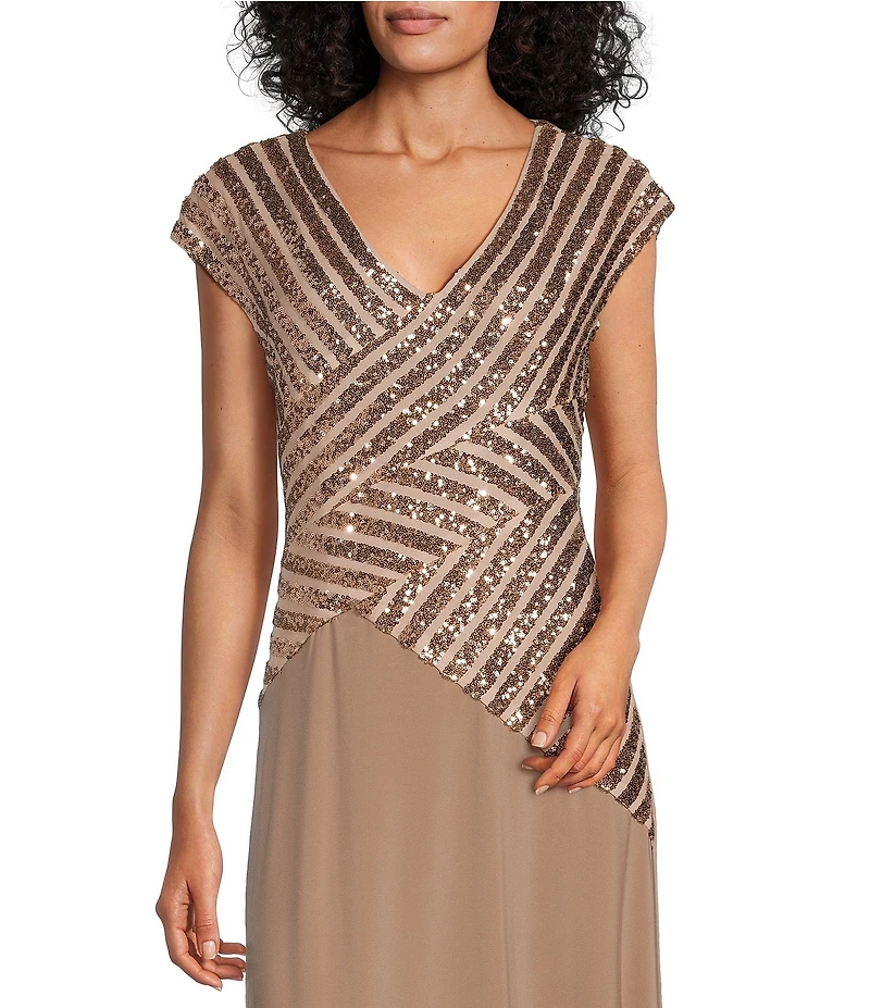 Le Bos Cap Sleeve V-Neck Sequin Trim Bodice Gown