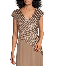 Le Bos Cap Sleeve V-Neck Sequin Trim Bodice Gown
