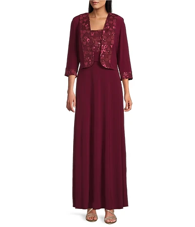 Le Bos Embroidered 3/4 Sleeve Square Neck 2-Piece Jacket Dress