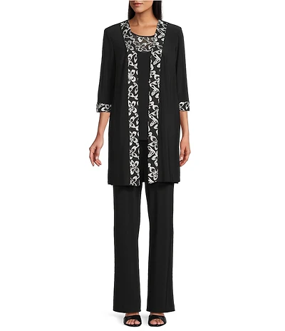 Le Bos Embroidered ITY 3/4 Sleeve 3 Piece Pantsuit