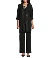 Le Bos Embroidered Trim Round Neck 3/4 Sleeve Duster 3-Piece Pant Set
