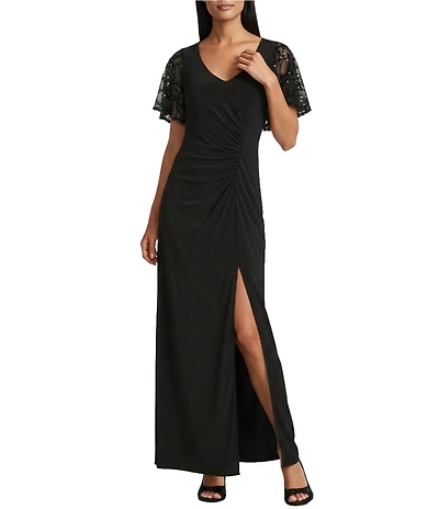 Le Bos ITY Lace Sequin Trim V-Neck Flutter Sleeve Column Gown