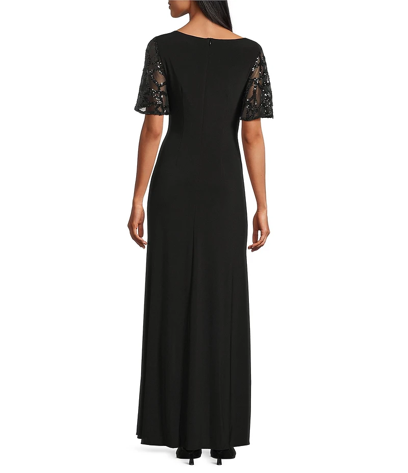 Le Bos ITY Lace Sequin Trim V-Neck Flutter Sleeve Column Gown