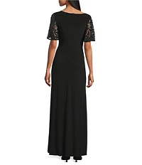 Le Bos ITY Lace Sequin Trim V-Neck Flutter Sleeve Column Gown