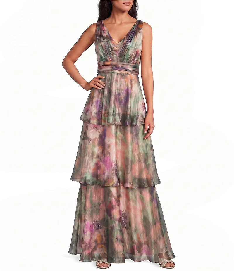 Le Bos Livia Jolie By Le Bos Floral Print Sleeveless Tiered Skirt Iridescent Organza Long Dress