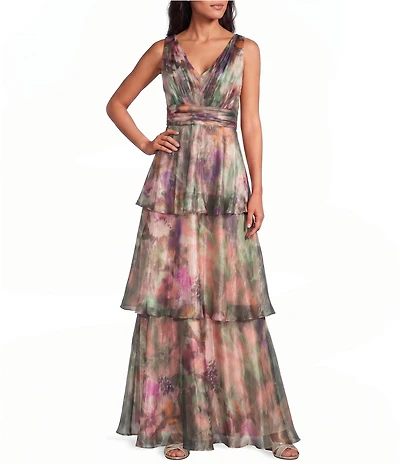 Le Bos Livia Jolie By Le Bos Floral Print Sleeveless Tiered Skirt Iridescent Organza Long Dress
