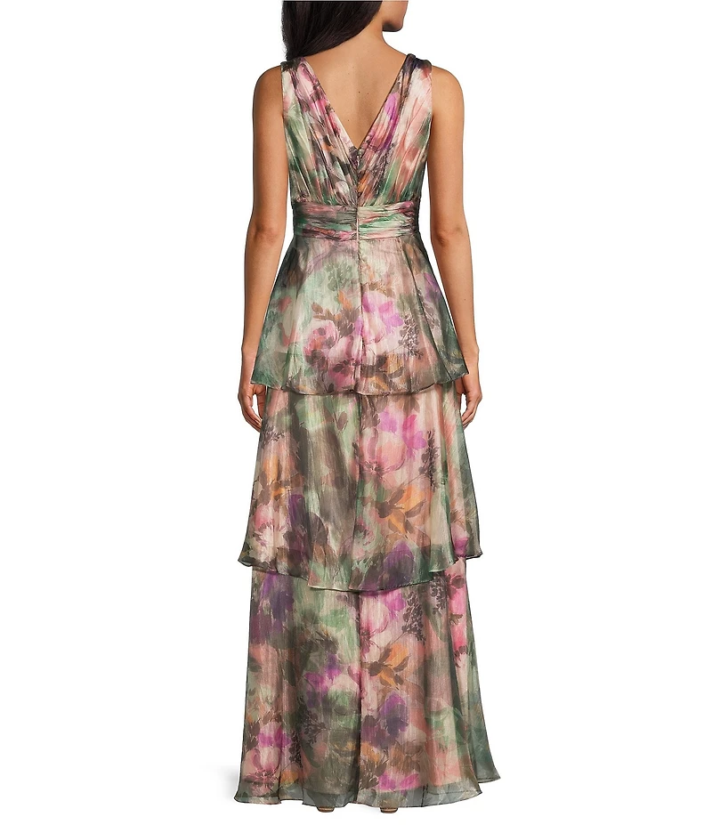 Le Bos Livia Jolie By Le Bos Floral Print Sleeveless Tiered Skirt Iridescent Organza Long Dress