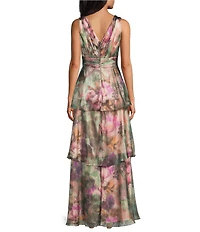 Le Bos Livia Jolie By Le Bos Floral Print Sleeveless Tiered Skirt Iridescent Organza Long Dress