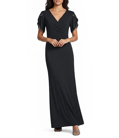 Le Bos Metallic Knit Rhinestone Trim Tulip Sleeve Gown