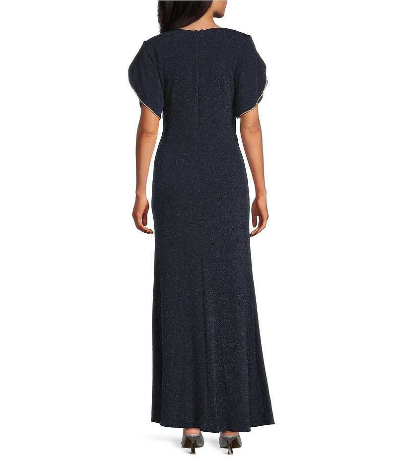 Le Bos Metallic Knit Rhinestone Trim Tulip Sleeve Gown