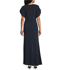 Le Bos Metallic Knit Rhinestone Trim Tulip Sleeve Gown