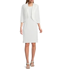 Le Bos Pearl Trim Crinkle Knit 3/4 Sleeve Jacket Dress