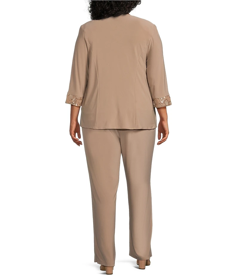 Le Bos Plus Size 3/4 Sleeve Crew Neck Sequin Embroidered 3-Piece Pant Set