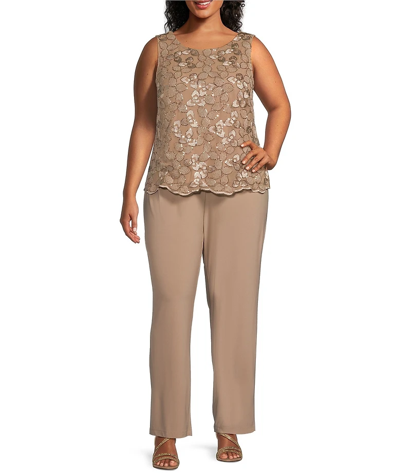 Le Bos Plus Size 3/4 Sleeve Crew Neck Sequin Embroidered 3-Piece Pant Set