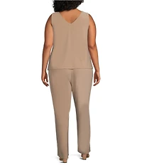 Le Bos Plus Size 3/4 Sleeve Crew Neck Sequin Embroidered 3-Piece Pant Set