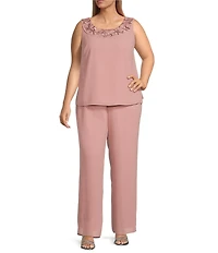 Le Bos Plus Size 3/4 Sleeve Sequin Lace Trim Crew Neck 3/4 Sleeve 3-Piece Pant Set