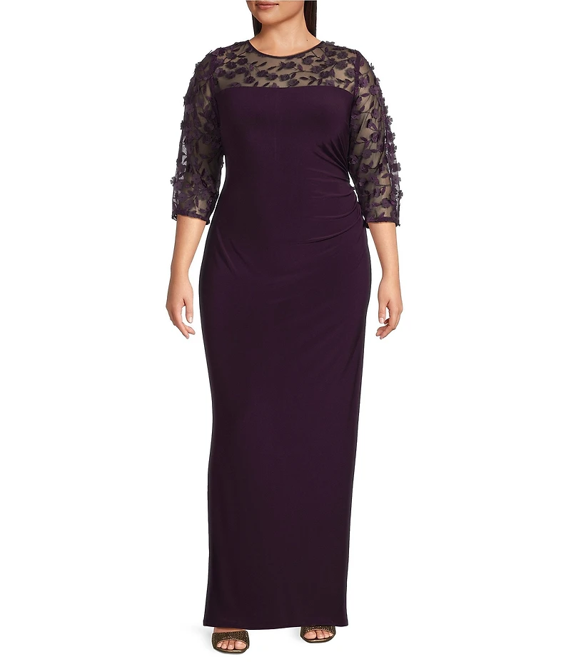 Le Bos Plus Size Embellished 3D Floral Trim Illusion Neckline 3/4 Sleeves Gown