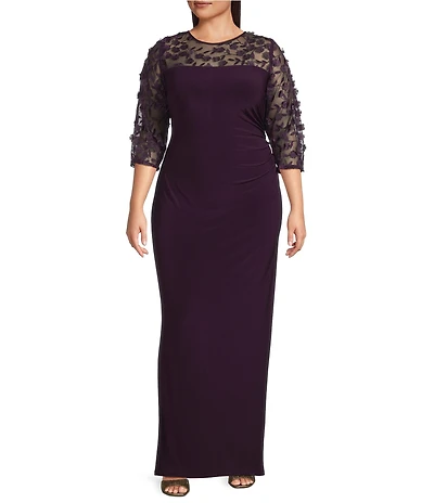 Le Bos Plus Size Embellished 3D Floral Trim Illusion Neckline 3/4 Sleeves Gown