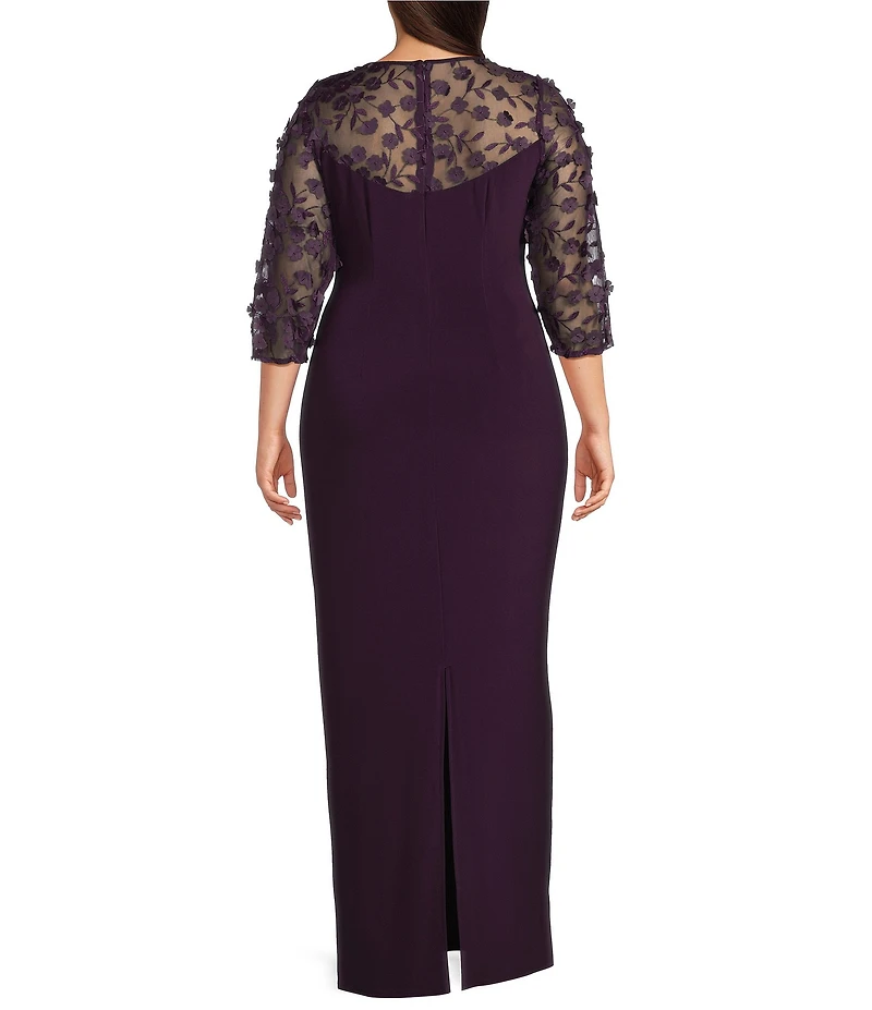 Le Bos Plus Size Embellished 3D Floral Trim Illusion Neckline 3/4 Sleeves Gown