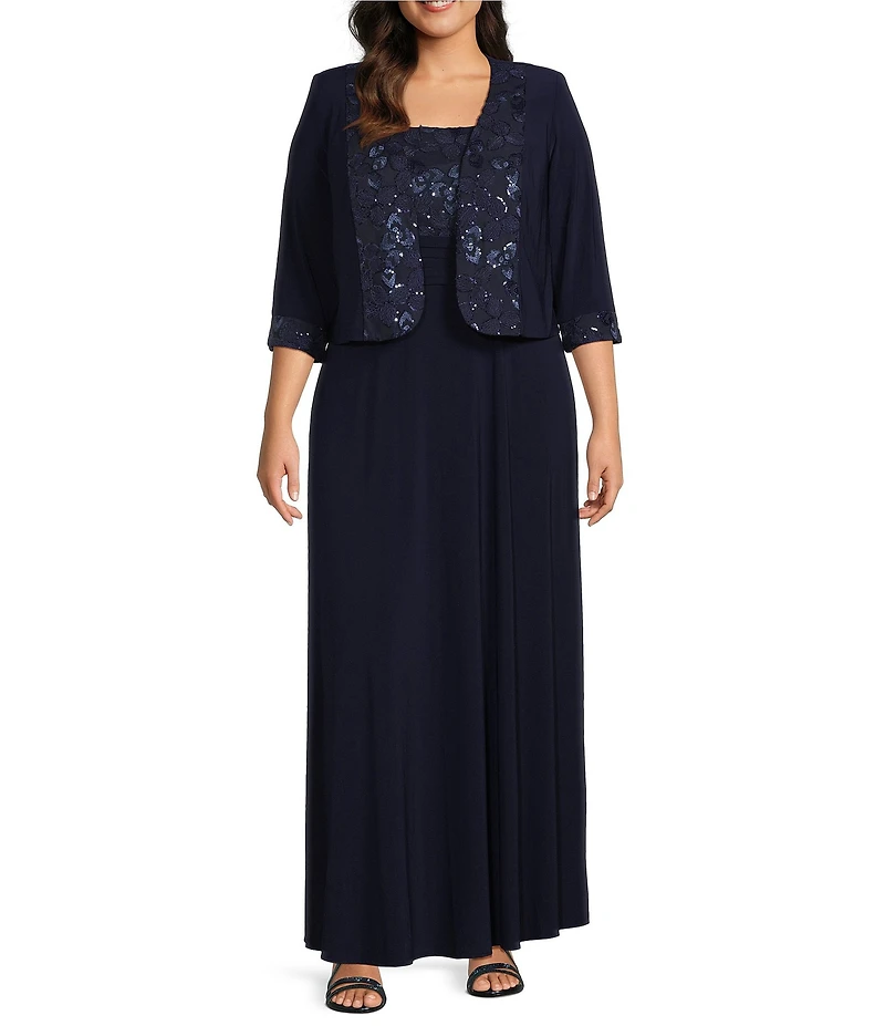 Le Bos Plus Size Embroidered 3/4 Sleeve Square Neck 2-Piece Jacket Dress