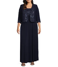 Le Bos Plus Size Embroidered 3/4 Sleeve Square Neck 2-Piece Jacket Dress