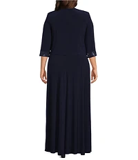 Le Bos Plus Size Embroidered 3/4 Sleeve Square Neck 2-Piece Jacket Dress