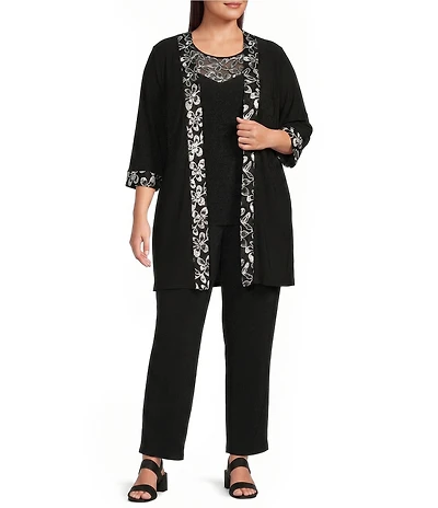 Le Bos Plus Size Embroidered Floral Trim Illusion Neckline 3/4 Sleeve 3-Piece Pant Set
