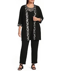 Le Bos Plus Size Embroidered Floral Trim Illusion Neckline 3/4 Sleeve 3-Piece Pant Set