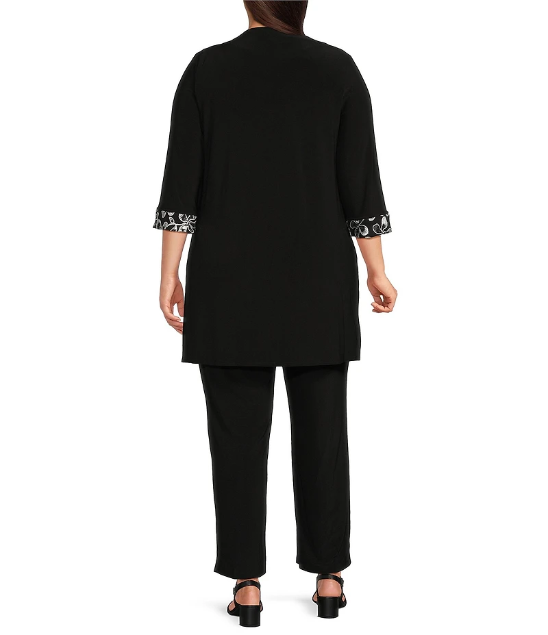 Le Bos Plus Size Embroidered Floral Trim Illusion Neckline 3/4 Sleeve 3-Piece Pant Set