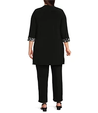 Le Bos Plus Size Embroidered Floral Trim Illusion Neckline 3/4 Sleeve 3-Piece Pant Set