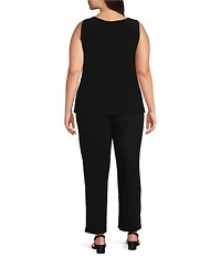 Le Bos Plus Size Embroidered Floral Trim Illusion Neckline 3/4 Sleeve 3-Piece Pant Set