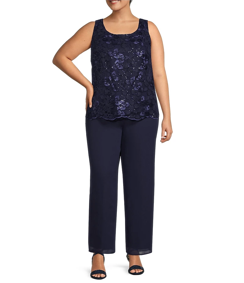 Le Bos Plus Size Georgette 3/4 Bell Sleeve Embroidered Sequin Scoop Neck 3-Piece Pant Set