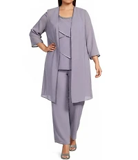 Le Bos Plus Size Pebble Georgette Satin Trim Beaded Scoop Neck 3/4 Sleeve 3-Piece Pant Set